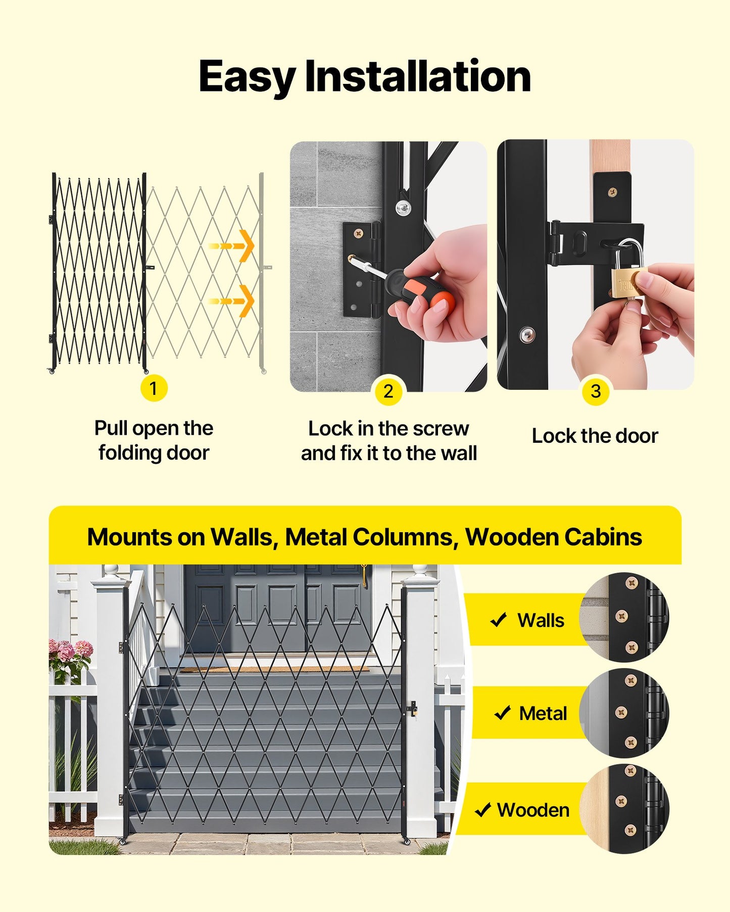 Single Folding Security Gate, Lockable Scissor Gate with 360° Swivel Casters, Outdoor Barricade Steel Retractable Gates, for Entry Security, Garage, Warehouse & Pool, 86.61 x 86.81 in (W x H)