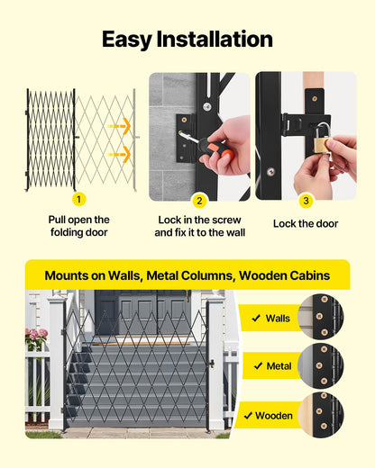 Single Folding Security Gate, Lockable Scissor Gate with 360° Swivel Casters, Outdoor Barricade Steel Retractable Gates, for Entry Security, Garage, Warehouse & Pool, 86.61 x 86.81 in (W x H)