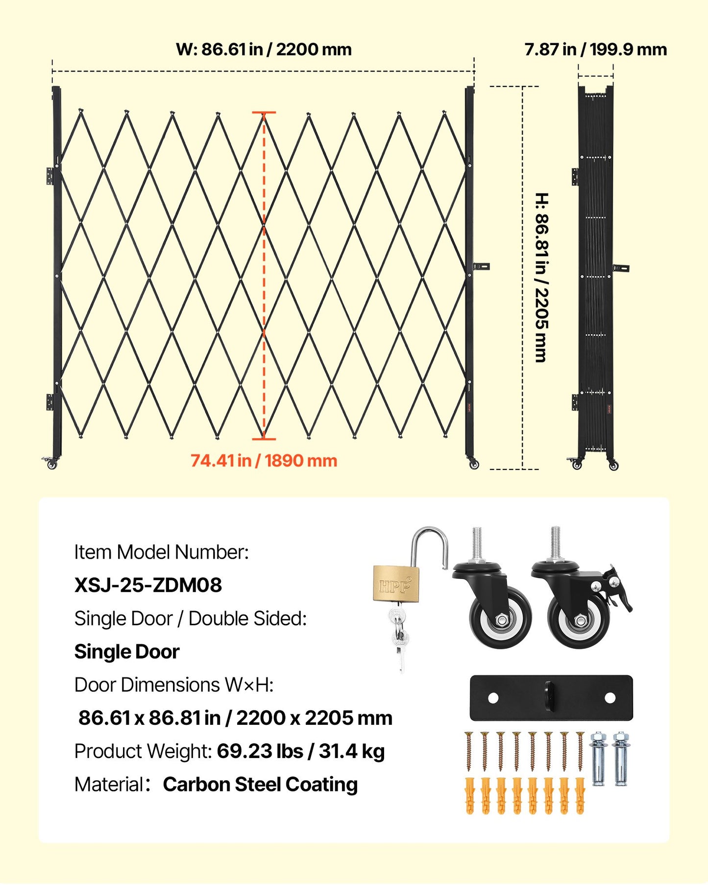 Single Folding Security Gate, Lockable Scissor Gate with 360° Swivel Casters, Outdoor Barricade Steel Retractable Gates, for Entry Security, Garage, Warehouse & Pool, 86.61 x 86.81 in (W x H)