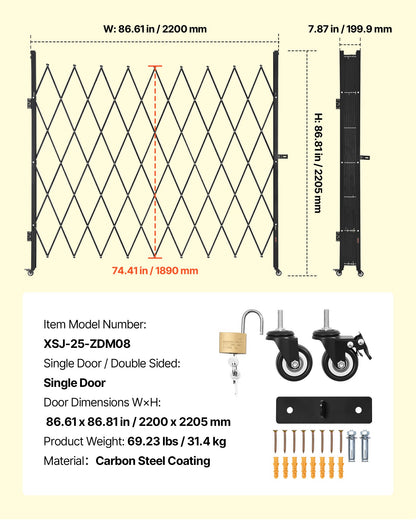 Single Folding Security Gate, Lockable Scissor Gate with 360° Swivel Casters, Outdoor Barricade Steel Retractable Gates, for Entry Security, Garage, Warehouse & Pool, 86.61 x 86.81 in (W x H)