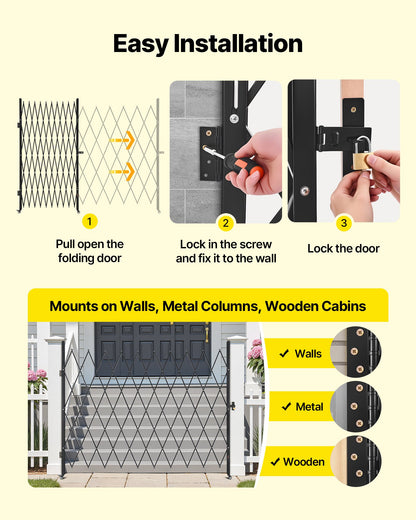 Single Folding Security Gate, Lockable Scissor Gate with 360° Swivel Casters, Outdoor Barricade Steel Retractable Gates, for Entry Security, Garage, Warehouse & Pool, 94.49 x 86.81 in (W x H)