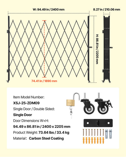 Single Folding Security Gate, Lockable Scissor Gate with 360° Swivel Casters, Outdoor Barricade Steel Retractable Gates, for Entry Security, Garage, Warehouse & Pool, 94.49 x 86.81 in (W x H)
