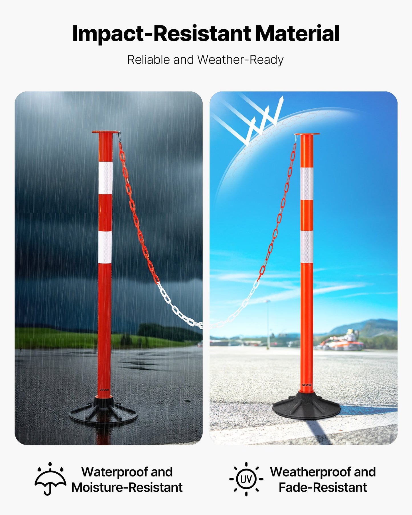 2 Pack Traffic Delineator Posts, 34 in Traffic Safety Cones with Weighted Base, Reflective Strips and Chain, Heavy Duty Delineator Posts for Construction Site, Parking Lot, Crowd Control, Red