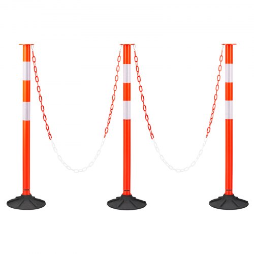 3 Pack Traffic Delineator Posts, 34 in Traffic Safety Cones with Weighted Base, Reflective Strips and Chain, Heavy Duty Delineator Posts for Construction Site, Parking Lot, Crowd Control, Red
