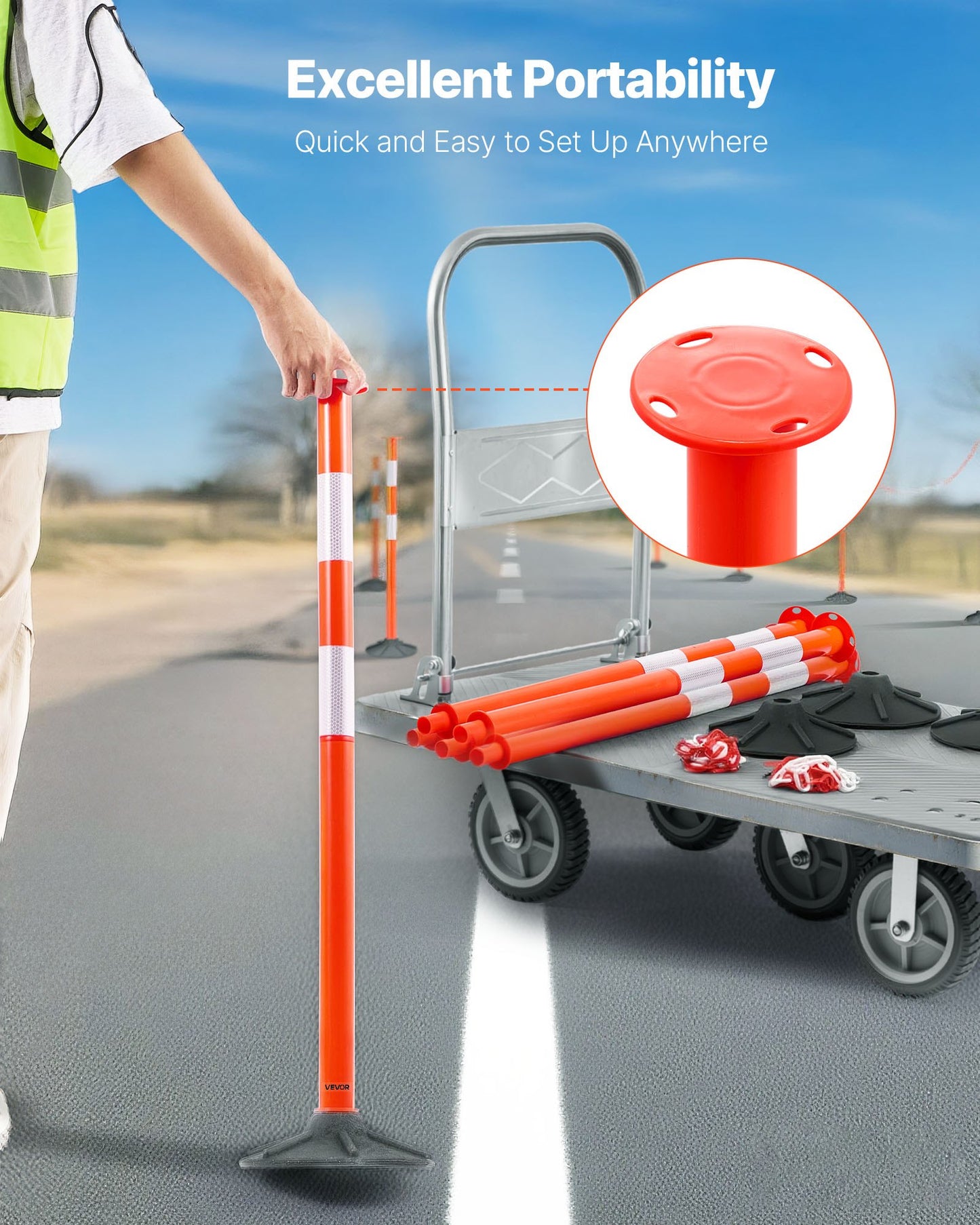3 Pack Traffic Delineator Posts, 34 in Traffic Safety Cones with Weighted Base, Reflective Strips and Chain, Heavy Duty Delineator Posts for Construction Site, Parking Lot, Crowd Control, Red