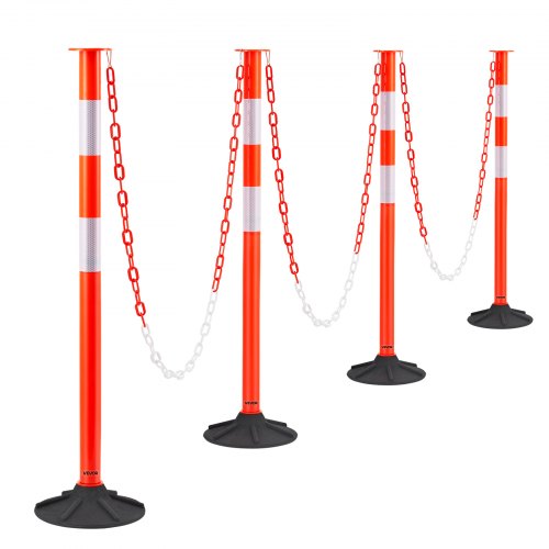 4 Pack Traffic Delineator Posts, 34 in Traffic Safety Cones with Weighted Base, Reflective Strips and Chain, Heavy Duty Delineator Posts for Construction Site, Parking Lot, Crowd Control, Red