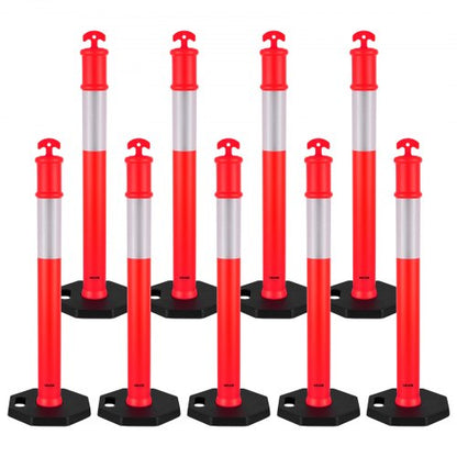 9 Pack Traffic Delineator Posts, 48 inches Traffic Safety Cones with Weighted Base and Reflective Strips, Heavy Duty Delineator Posts for Construction Site, Parking Lot, Crowd Control, Red