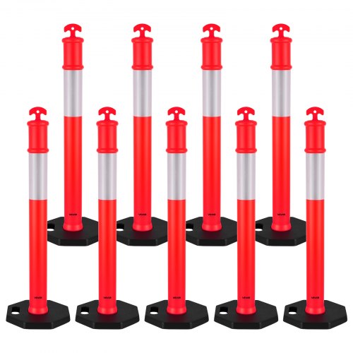 9 Pack Traffic Delineator Posts, 48 inches Traffic Safety Cones with Weighted Base and Reflective Strips, Heavy Duty Delineator Posts for Construction Site, Parking Lot, Crowd Control, Red