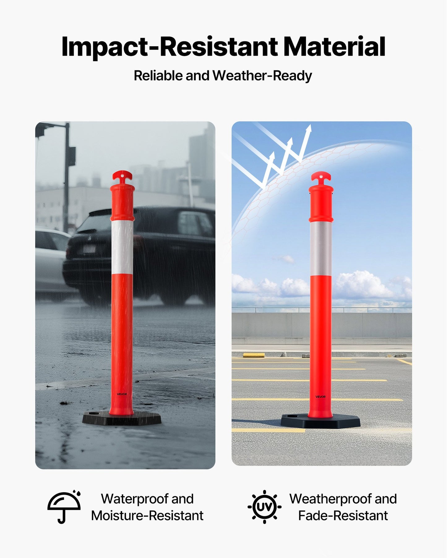3 Pack Traffic Delineator Posts, 48 inches Traffic Safety Cones with Weighted Base and Reflective Strips, Heavy Duty Delineator Posts for Construction Site, Parking Lot, Crowd Control, Red