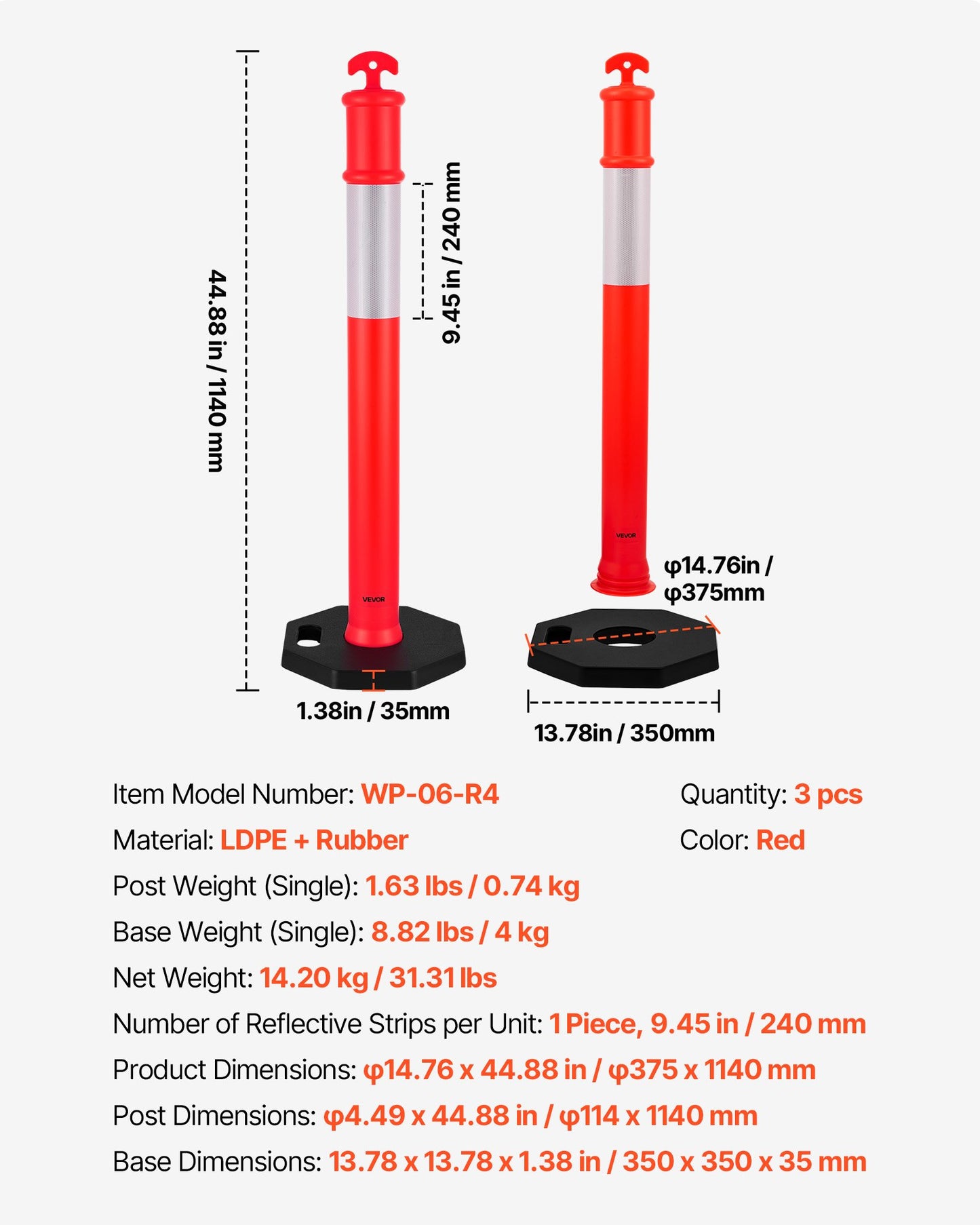 3 Pack Traffic Delineator Posts, 48 inches Traffic Safety Cones with Weighted Base and Reflective Strips, Heavy Duty Delineator Posts for Construction Site, Parking Lot, Crowd Control, Red