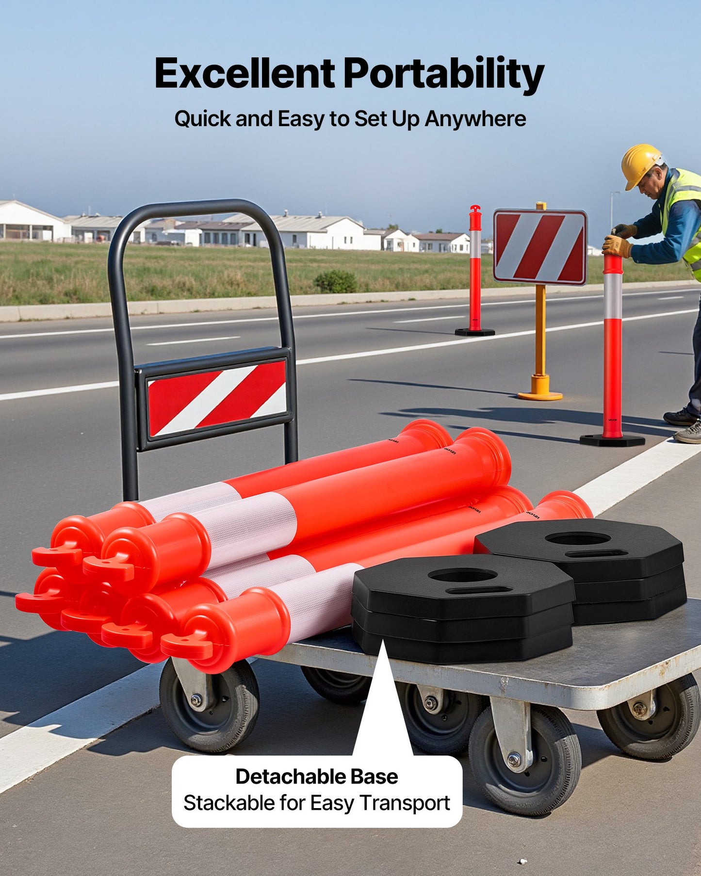 6 Pack Traffic Delineator Posts, 48 inches Traffic Safety Cones with Weighted Base and Reflective Strips, Heavy Duty Delineator Posts for Construction Site, Parking Lot, Crowd Control, Red