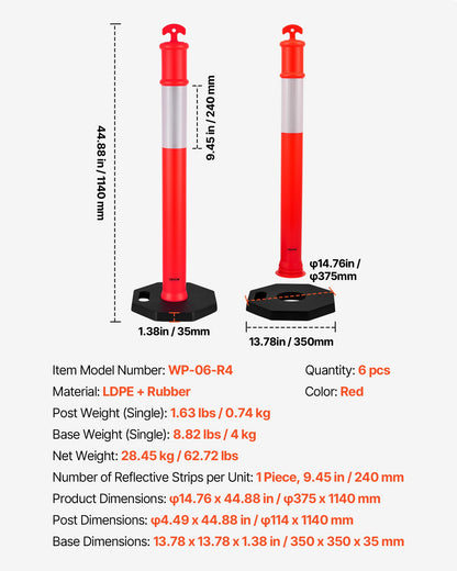 6 Pack Traffic Delineator Posts, 48 inches Traffic Safety Cones with Weighted Base and Reflective Strips, Heavy Duty Delineator Posts for Construction Site, Parking Lot, Crowd Control, Red