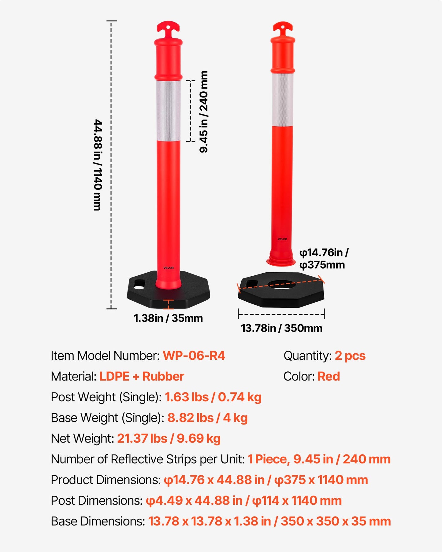 2 Pack Traffic Delineator Posts, 48 inches Traffic Safety Cones with Weighted Base and Reflective Strips, Heavy Duty Delineator Posts for Construction Site, Parking Lot, Crowd Control, Red