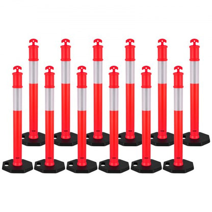 12 Pack Traffic Delineator Posts, 48 inches Traffic Safety Cones with Weighted Base and Reflective Strips, Heavy Duty Delineator Posts for Construction Site, Parking Lot, Crowd Control, Red