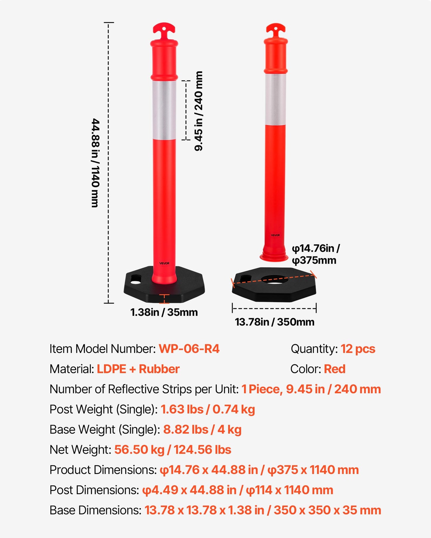 12 Pack Traffic Delineator Posts, 48 inches Traffic Safety Cones with Weighted Base and Reflective Strips, Heavy Duty Delineator Posts for Construction Site, Parking Lot, Crowd Control, Red