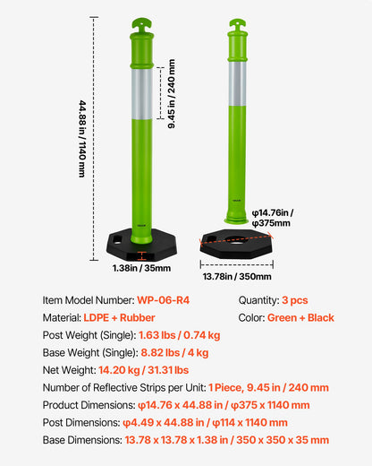 3 Pack Traffic Delineator Posts, 48 inches Traffic Safety Cones with Weighted Base and Reflective Strips, Heavy Duty Delineator Posts for Construction Site, Parking Lot, Crowd Control, Green