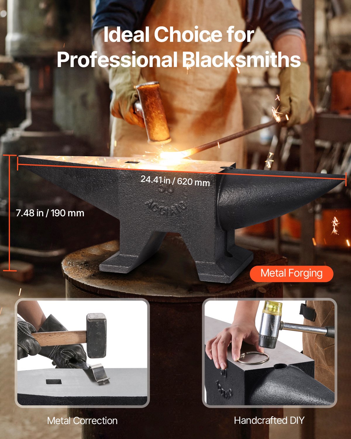 Cast Iron Anvil, 105 Lbs Single Horn Anvil with Large Countertop and Stable Base, High Hardness Rugged Round Horn Anvil Blacksmith, for Bending, Shaping