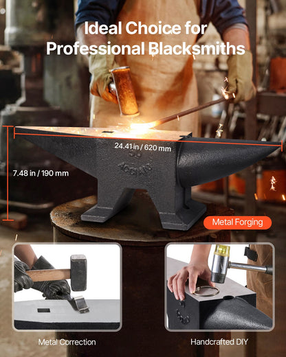Cast Iron Anvil, 105 Lbs Single Horn Anvil with Large Countertop and Stable Base, High Hardness Rugged Round Horn Anvil Blacksmith, for Bending, Shaping