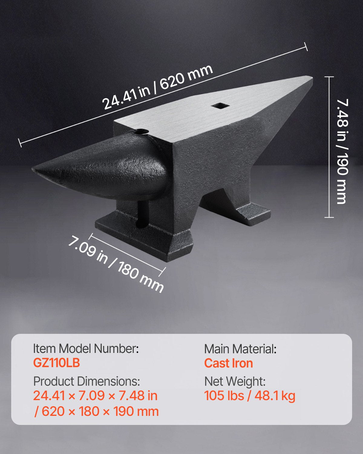Cast Iron Anvil, 105 Lbs Single Horn Anvil with Large Countertop and Stable Base, High Hardness Rugged Round Horn Anvil Blacksmith, for Bending, Shaping