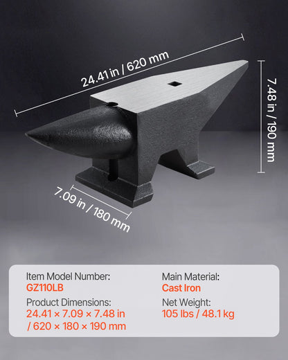 Cast Iron Anvil, 105 Lbs Single Horn Anvil with Large Countertop and Stable Base, High Hardness Rugged Round Horn Anvil Blacksmith, for Bending, Shaping