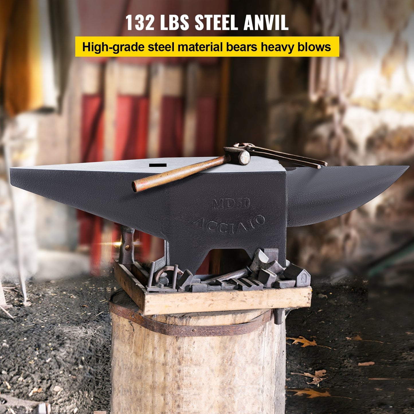 Cast Iron Anvil, 132 Pound (60 kg) Single Horn Anvil with Large Countertop and Stable Base, Sturdy High Hardness Anvil with Round Horns, Blacksmith, for Bending, Shaping