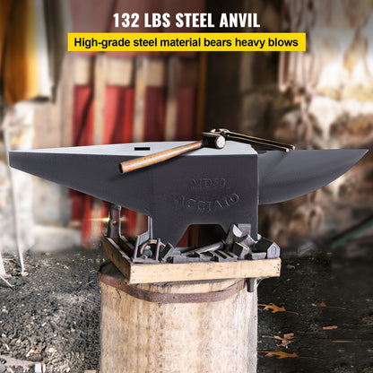 Cast Iron Anvil, 132 Pound (60 kg) Single Horn Anvil with Large Countertop and Stable Base, Sturdy High Hardness Anvil with Round Horns, Blacksmith, for Bending, Shaping