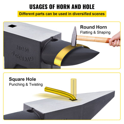 Cast Iron Anvil, 132 Pound (60 kg) Single Horn Anvil with Large Countertop and Stable Base, Sturdy High Hardness Anvil with Round Horns, Blacksmith, for Bending, Shaping