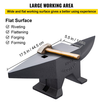 Cast Iron Anvil, 132 Pound (60 kg) Single Horn Anvil with Large Countertop and Stable Base, Sturdy High Hardness Anvil with Round Horns, Blacksmith, for Bending, Shaping