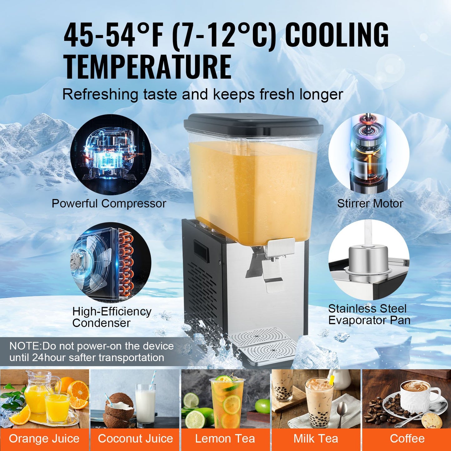 Commercial Beverage Dispenser, 18 L / 19 QT Juice Dispenser, 200W 304 Stainless Steel Food Grade Ice Tea Drink Machine with 45°F-54°F Cooling Temperature, for Cold Drink Restaurant Bar Party