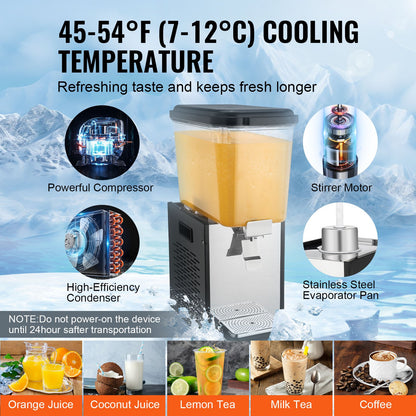 Commercial Beverage Dispenser, 18 L / 19 QT Juice Dispenser, 200W 304 Stainless Steel Food Grade Ice Tea Drink Machine with 45°F-54°F Cooling Temperature, for Cold Drink Restaurant Bar Party