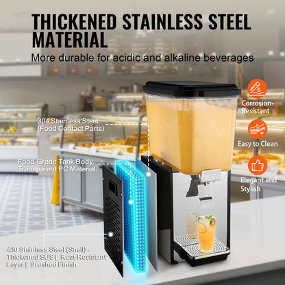 Commercial Beverage Dispenser, 18 L / 19 QT Juice Dispenser, 200W 304 Stainless Steel Food Grade Ice Tea Drink Machine with 45°F-54°F Cooling Temperature, for Cold Drink Restaurant Bar Party