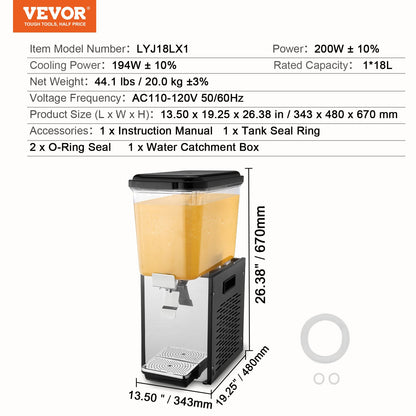 Commercial Beverage Dispenser, 18 L / 19 QT Juice Dispenser, 200W 304 Stainless Steel Food Grade Ice Tea Drink Machine with 45°F-54°F Cooling Temperature, for Cold Drink Restaurant Bar Party