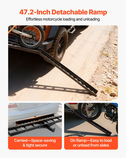 Motorcycle Carrier, 500 lbs Capacity, Heavy Duty Steel Hitch Mount Rack with 47in Ramp, Ratchet Straps & Stabilizer, Scooter Dirt Bike Trailer Hauler for Car Truck with 2-Inch Hitch Receiver