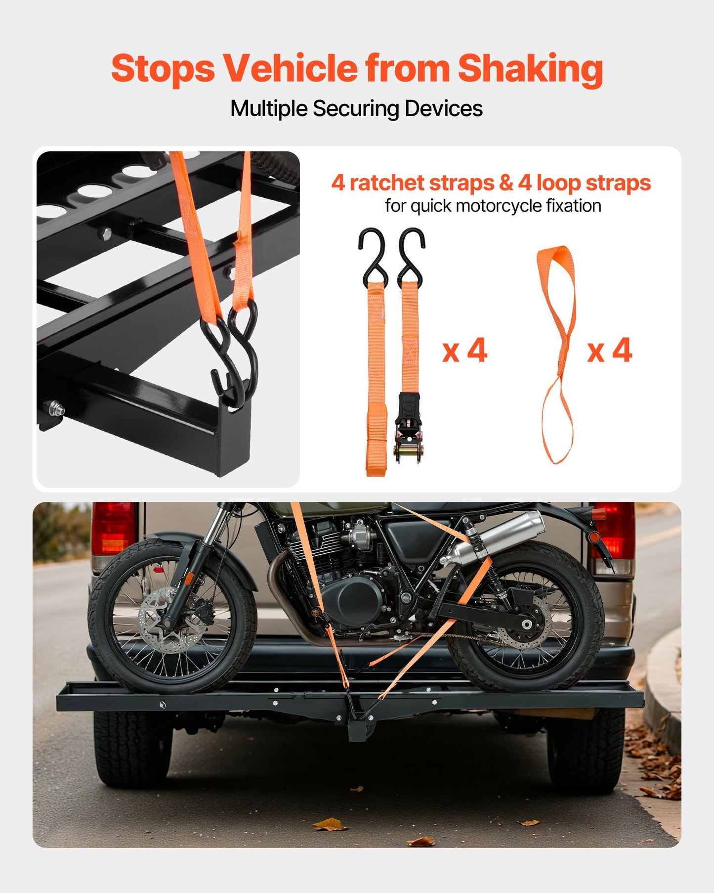 Motorcycle Carrier, 500 lbs Capacity, Heavy Duty Steel Hitch Mount Rack with 47in Ramp, Ratchet Straps & Stabilizer, Scooter Dirt Bike Trailer Hauler for Car Truck with 2-Inch Hitch Receiver