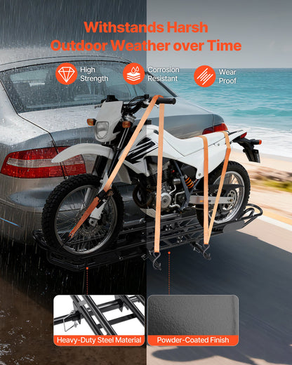 Motorcycle Carrier, 500 lbs Capacity, Heavy Duty Steel Hitch Mount Rack with Anti-Tilt Lock Device, Straps & Stabilizer, Scooter Dirt Bike Trailer Hauler for Car Truck with 2-Inch Hitch Receiver