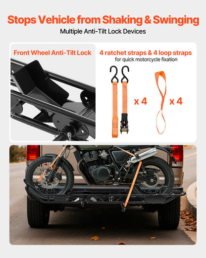 Motorcycle Carrier, 500 lbs Capacity, Heavy Duty Steel Hitch Mount Rack with Anti-Tilt Lock Device, Straps & Stabilizer, Scooter Dirt Bike Trailer Hauler for Car Truck with 2-Inch Hitch Receiver