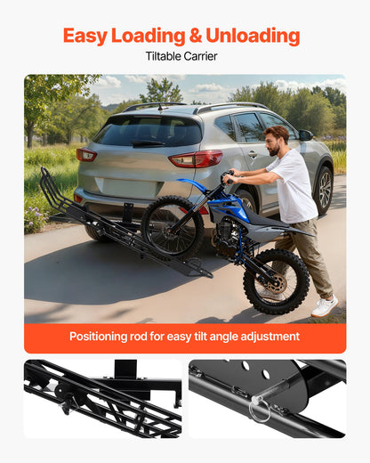Motorcycle Carrier, 500 lbs Capacity, Heavy Duty Steel Hitch Mount Rack with Anti-Tilt Lock Device, Straps & Stabilizer, Scooter Dirt Bike Trailer Hauler for Car Truck with 2-Inch Hitch Receiver