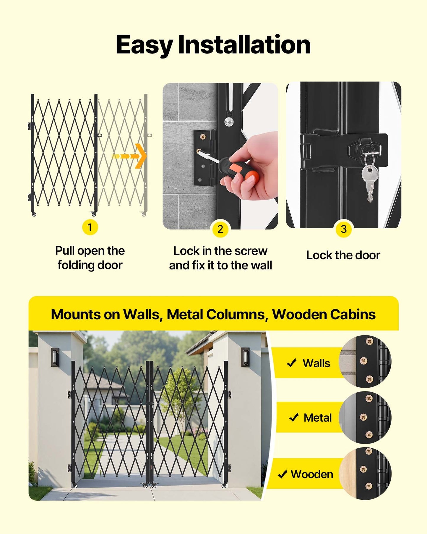 Double Folding Security Gate, Lockable Scissor Gate with 360° Swivel Casters, Outdoor Barricade Steel Retractable Gates, for Entry Security, Garage, Warehouse & Pool, 125.98 x 63.19 in (W x H)