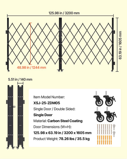 Double Folding Security Gate, Lockable Scissor Gate with 360° Swivel Casters, Outdoor Barricade Steel Retractable Gates, for Entry Security, Garage, Warehouse & Pool, 125.98 x 63.19 in (W x H)