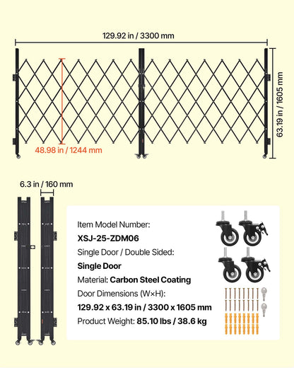 Double Folding Security Gate, Lockable Scissor Gate with 360° Swivel Casters, Outdoor Barricade Steel Retractable Gates, for Entry Security, Garage, Warehouse & Pool, 129.92 x 63.19 in (W x H)