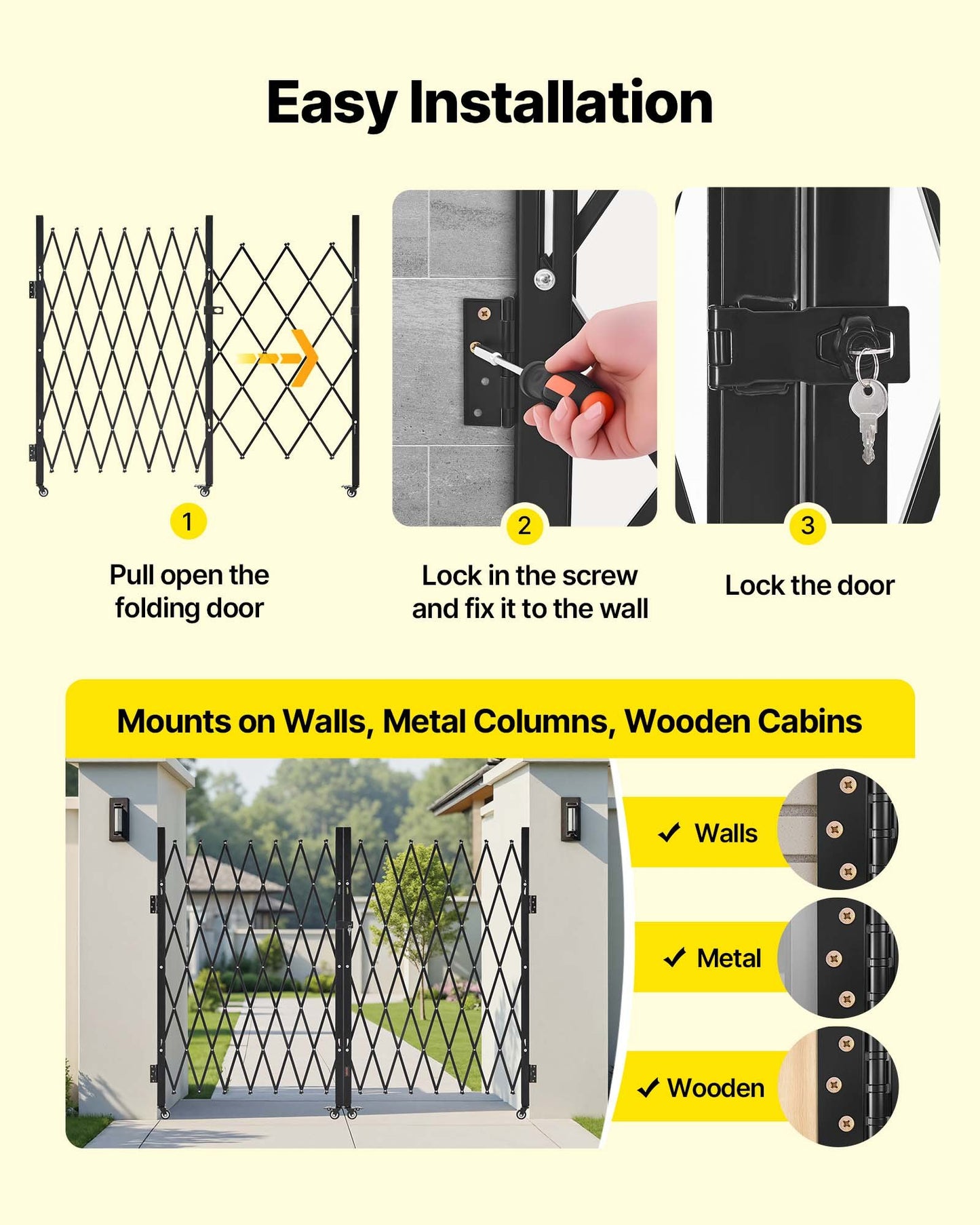 Double Folding Security Gate, Lockable Scissor Gate with 360° Swivel Casters, Outdoor Barricade Steel Retractable Gates, for Entry Security, Garage, Warehouse & Pool, 145.67 x 63.19 in (W x H)