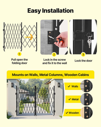 Double Folding Security Gate, Lockable Scissor Gate with 360° Swivel Casters, Outdoor Barricade Steel Retractable Gates, for Entry Security, Garage, Warehouse & Pool, 145.67 x 63.19 in (W x H)