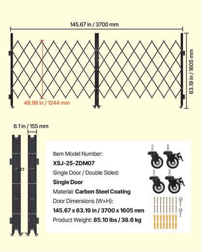 Double Folding Security Gate, Lockable Scissor Gate with 360° Swivel Casters, Outdoor Barricade Steel Retractable Gates, for Entry Security, Garage, Warehouse & Pool, 145.67 x 63.19 in (W x H)
