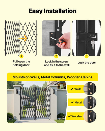 Double Folding Security Gate, Lockable Scissor Gate with 360° Swivel Casters, Outdoor Barricade Steel Retractable Gates, for Entry Security, Garage, Warehouse & Pool, 145.67 x 86.81 in (W x H)