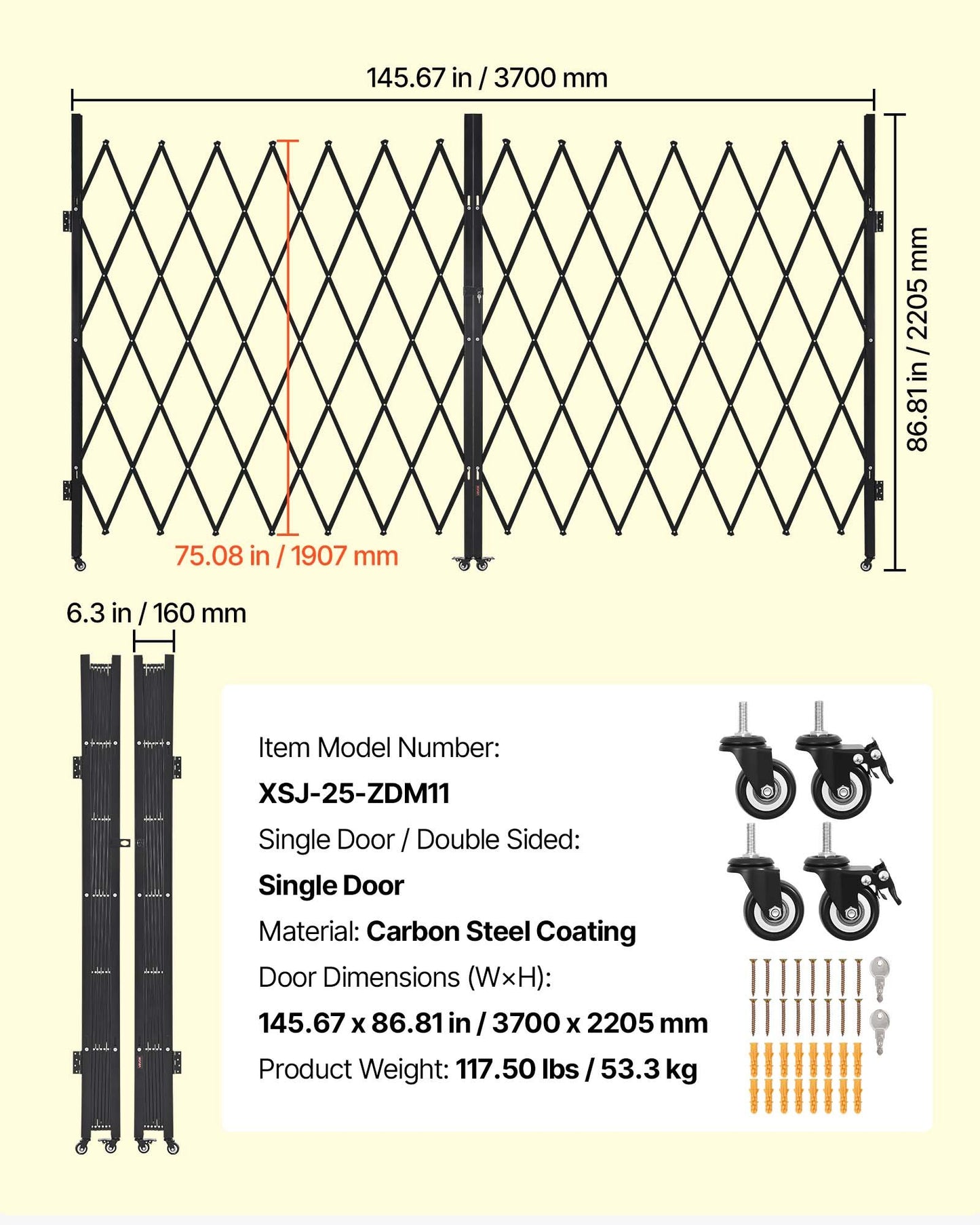 Double Folding Security Gate, Lockable Scissor Gate with 360° Swivel Casters, Outdoor Barricade Steel Retractable Gates, for Entry Security, Garage, Warehouse & Pool, 145.67 x 86.81 in (W x H)
