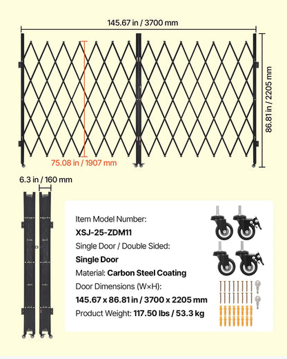 Double Folding Security Gate, Lockable Scissor Gate with 360° Swivel Casters, Outdoor Barricade Steel Retractable Gates, for Entry Security, Garage, Warehouse & Pool, 145.67 x 86.81 in (W x H)