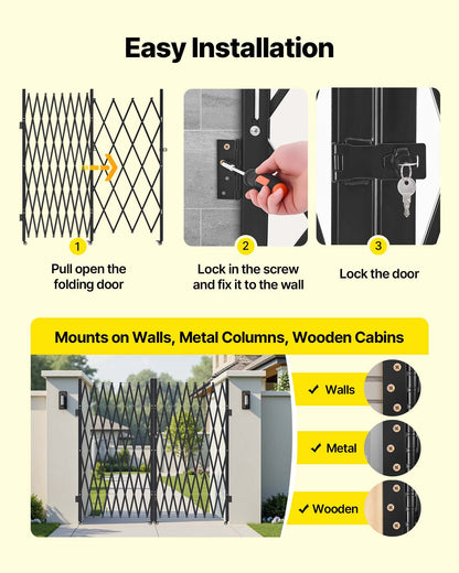 Double Folding Security Gate, Lockable Scissor Gate with 360° Swivel Casters, Outdoor Barricade Steel Retractable Gates, for Entry Security, Garage, Warehouse & Pool, 155.12 x 86.81 in (W x H)