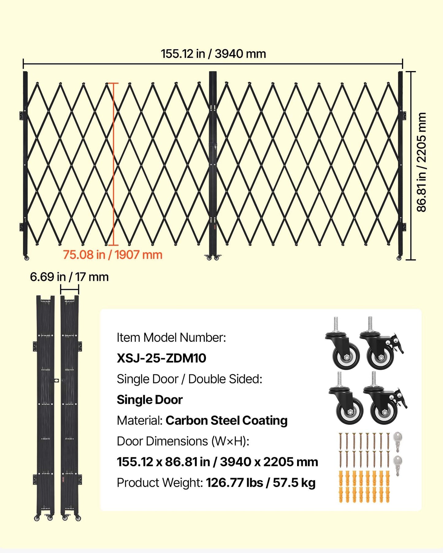 Double Folding Security Gate, Lockable Scissor Gate with 360° Swivel Casters, Outdoor Barricade Steel Retractable Gates, for Entry Security, Garage, Warehouse & Pool, 155.12 x 86.81 in (W x H)