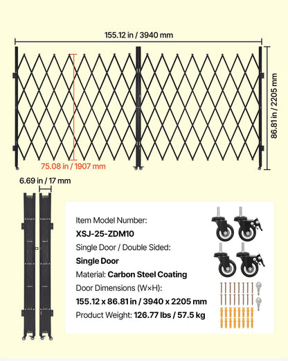 Double Folding Security Gate, Lockable Scissor Gate with 360° Swivel Casters, Outdoor Barricade Steel Retractable Gates, for Entry Security, Garage, Warehouse & Pool, 155.12 x 86.81 in (W x H)