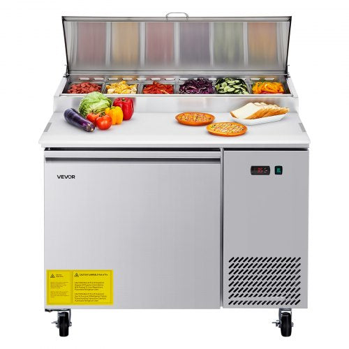 Commercial Refrigerator, 44" W Pizza Prep Refrigerated Table, 20" Ultra Wide Countertop Food Prep Worktable, 11 Cu.Ft Single Door Salad Prep Fridge, 6 Pans Pizza Make Worktop with Cutting Board